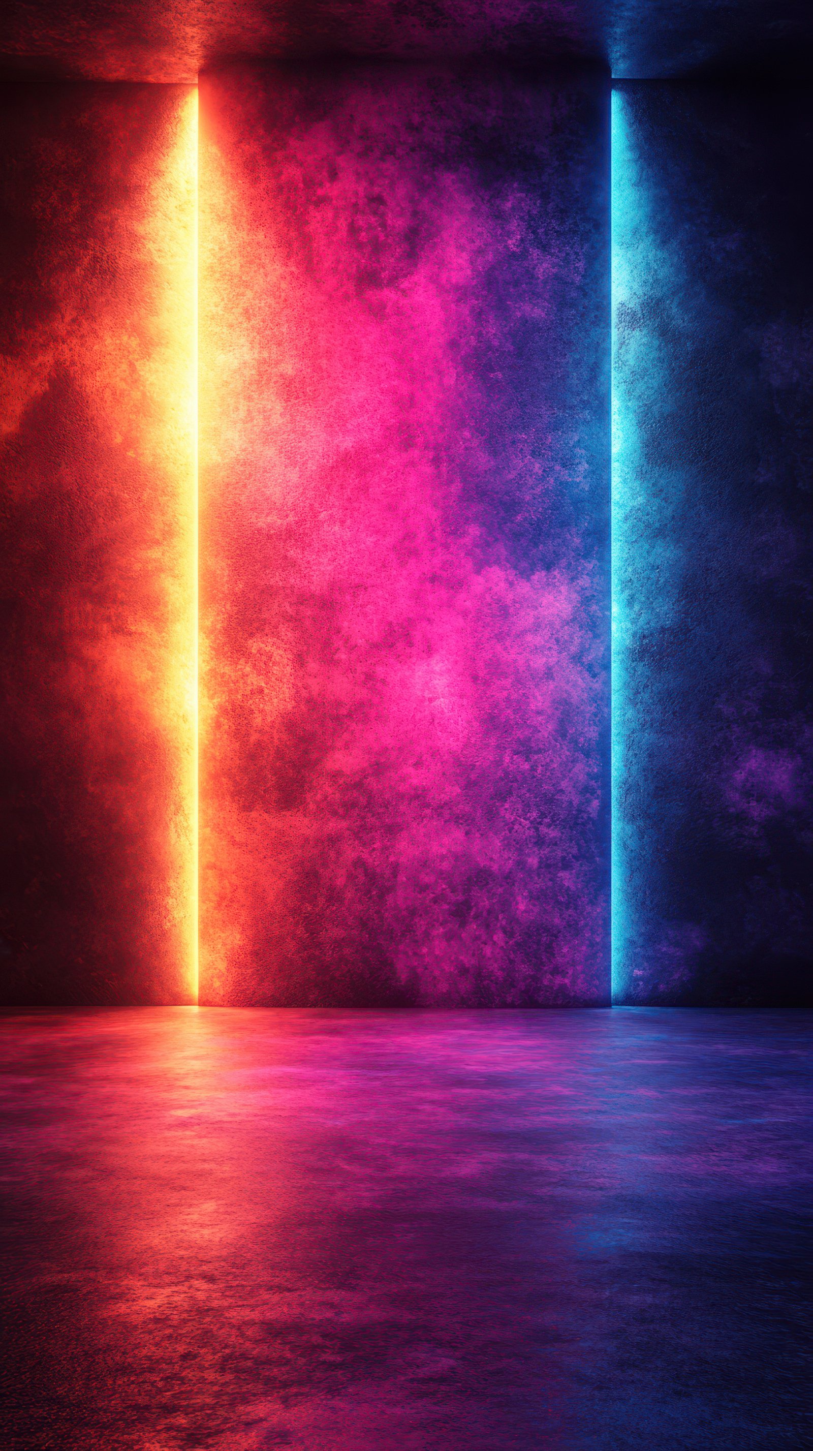 Bright neon colors illuminate a textured wall in a dimly lit room, creating a vibrant artistic atmosphere